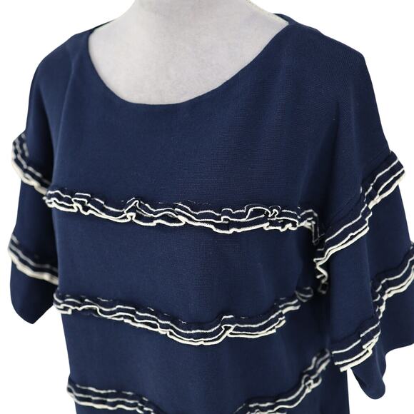 J Crew Top Womens Medium Navy Blue White Ruffle Sweater Cotton Knit Whimsy - Picture 8 of 12